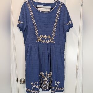 Lucky Brand Blue Embroidered Boho Dress XL Textured Floral Short Sleeve